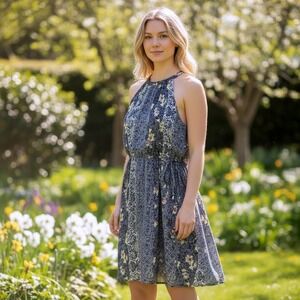 LOFT Outlet Womens Navy Yellow Floral Halter Mini Dress Size Medium Cottagecore